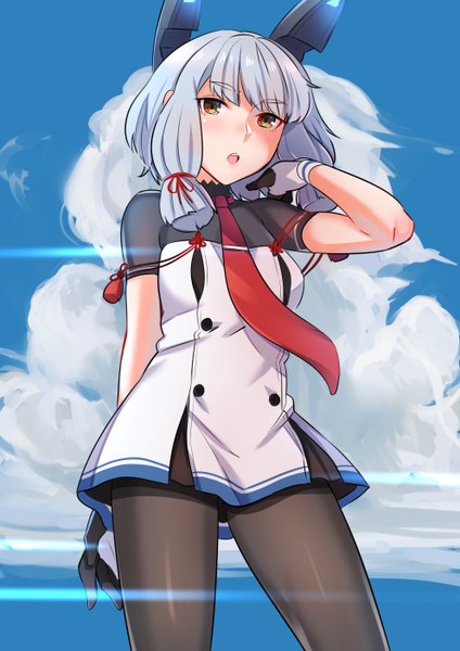 Anime picture 992x1403 with kantai collection murakumo destroyer kyuuso inukami single tall image looking at viewer blush short hair open mouth brown eyes sky silver hair cloud (clouds) alternate hairstyle tress ribbon remodel (kantai collection) alternate hair length girl gloves ribbon (ribbons)