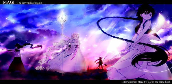 Anime picture 2000x979 with magi the labyrinth of magic a-1 pictures judal aladdin (magi) scheherazade (magi) yunan monarin long hair highres black hair blonde hair wide image standing sky cloud (clouds) braid (braids) wind from behind inscription midriff