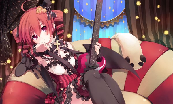 Anime picture 1200x720 with utau kasane teto hintei megane (artist) single short hair red eyes wide image ahoge red hair drill hair thighhighs dress black thighhighs hat wings star (symbol) curtains couch guitar mini hat