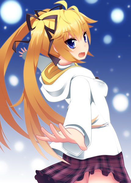 Anime picture 2591x3624 with grisaia no kajitsu matsushima michiru watanabe akio naze single long hair tall image highres open mouth blue eyes blonde hair twintails girl skirt ribbon (ribbons) hair ribbon miniskirt sweater