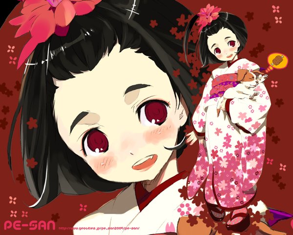 Anime picture 1280x1024 with original blush short hair open mouth black hair red eyes japanese clothes hair flower close-up red background girl hair ornament kimono child (children) dog