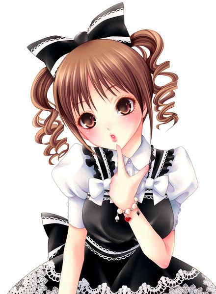 Anime picture 866x1181 with original momoi komomo single tall image blush short hair simple background brown hair white background brown eyes drill hair finger to mouth girl dress bow hair bow