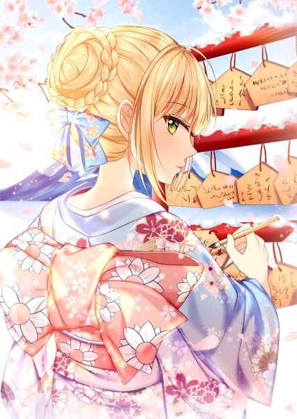 Anime picture 2000x2815 with fate (series) fate/grand order artoria pendragon (all) saber junpaku karen single tall image looking at viewer blush fringe highres short hair blonde hair holding green eyes payot sky braid (braids) long sleeves traditional clothes