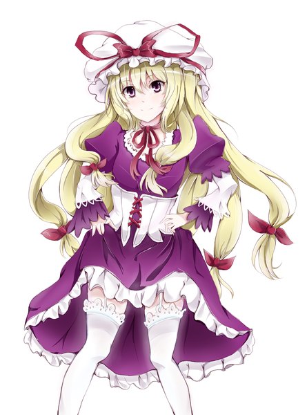 Anime picture 1088x1466 with touhou yakumo yukari takitou single long hair tall image blush fringe simple background blonde hair smile hair between eyes white background purple eyes holding payot looking away bent knee (knees) wide sleeves puffy sleeves