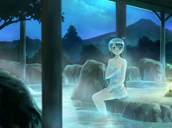 Anime picture 1071x800 with original ikeda jun (mizutamari) single blush blue eyes bare shoulders looking away cloud (clouds) night scenic girl plant (plants) tree (trees) water stone (stones)