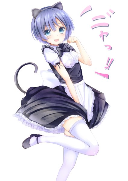 Anime picture 919x1300 with ano natsu de matteru j.c. staff tanigawa kanna morerin single tall image blush short hair open mouth blue eyes simple background white background animal ears blue hair tail animal tail cat ears maid cat girl cat tail