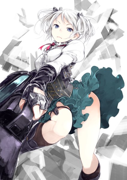 Anime picture 707x1000 with god eater god eater 2 ufotable ciel alencon yunar single tall image looking at viewer short hair blue eyes twintails holding white hair short twintails leg lift (legs lift) lacing girl skirt gloves bow