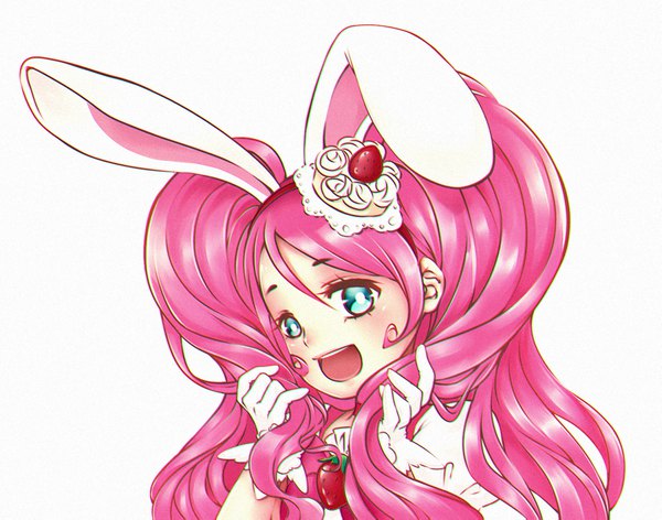 Anime picture 2225x1751 with precure kirakira precure a la mode toei animation usami ichika cure whip p u o d single long hair looking at viewer blush highres open mouth simple background white background twintails animal ears pink hair upper body aqua eyes bunny ears