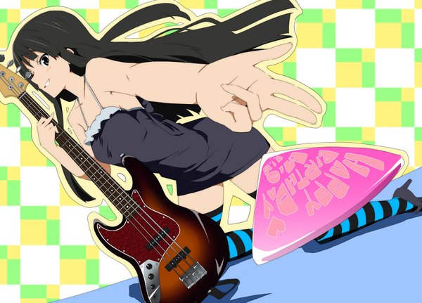 Anime picture 1920x1380 with k-on! kyoto animation akiyama mio nishiuri warito long hair highres black hair bare shoulders black eyes girl thighhighs striped thighhighs musical instrument guitar electric guitar plectrum
