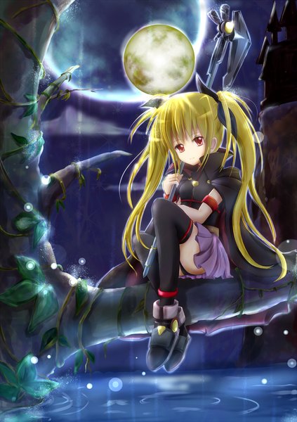 Anime picture 1270x1800 with mahou shoujo lyrical nanoha fate testarossa rikkunia single long hair tall image blonde hair red eyes sitting twintails girl thighhighs skirt black thighhighs plant (plants) miniskirt water moon