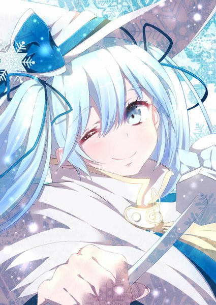 Anime picture 1000x1412 with vocaloid suki! yuki! maji magic (vocaloid) hatsune miku yuki miku yuki miku (2014) fuu (07199382) single long hair tall image blush blue eyes smile twintails blue hair one eye closed wink snowing girl ribbon (ribbons) hair ribbon