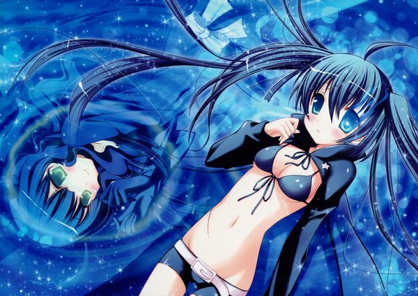 Anime picture 6067x4307 with black rock shooter black rock shooter (character) inugahora an highres blue eyes twintails blue hair scan glowing blue background glowing eye (eyes) girl bikini top