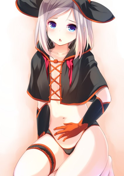 Anime picture 990x1400 with original amasora taichi single tall image looking at viewer blush short hair open mouth blue eyes light erotic white hair witch girl gloves navel underwear panties hat witch hat