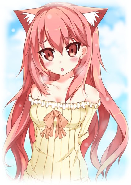 Anime picture 2480x3508 with original catstudioinc (punepuni) single long hair tall image blush fringe highres breasts open mouth hair between eyes red eyes standing bare shoulders animal ears looking away pink hair cleavage cloud (clouds) cat ears