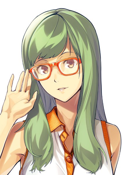 Anime picture 566x800 with original shimotsuki eight single long hair tall image looking at viewer fringe simple background smile white background bare shoulders brown eyes upper body parted lips arm up green hair sleeveless portrait open collar adjusting glasses