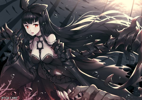 Anime picture 1227x868 with kantai collection seaplane tender hime tea cake single looking at viewer fringe breasts open mouth light erotic black hair red eyes large breasts bare shoulders signed payot looking away cleavage very long hair pleated skirt sunlight
