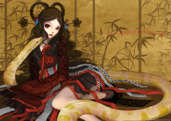 Anime picture 2280x1612 with original jinkimania (artist) single long hair highres brown hair sitting brown eyes lips girl dress ribbon (ribbons) snake