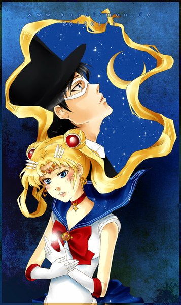 Anime picture 600x1008 with bishoujo senshi sailor moon toei animation tsukino usagi sailor moon tuxedo kamen kandis (artist) long hair tall image blush short hair blue eyes black hair blonde hair sky very long hair night hair bun (hair buns) night sky looking up girl