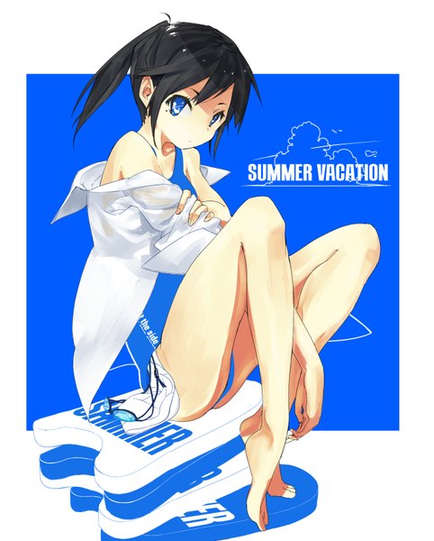 Anime picture 1300x1618 with original taxi (owp) single long hair tall image looking at viewer blue eyes black hair sitting bare shoulders ponytail barefoot off shoulder inscription mole mole under eye undressing girl swimsuit glasses
