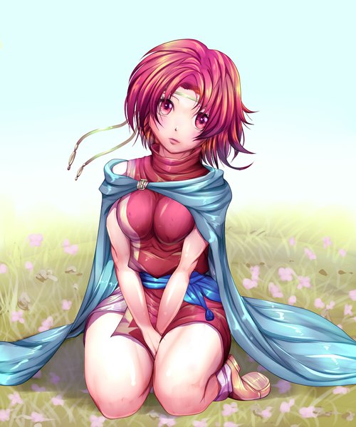 Anime picture 833x1000 with fire emblem fire emblem: the sacred stones nintendo ewan (fire emblem) harihisa single tall image looking at viewer blush short hair pink hair pink eyes lips kneeling girl clothes