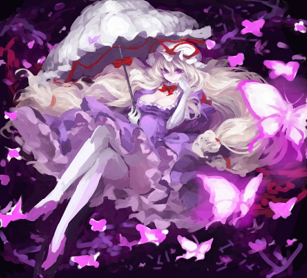 Anime picture 1102x1000 with touhou yakumo yukari iseki (kuroshura no tabiji) single long hair breasts blonde hair smile sitting purple eyes cleavage legs girl dress gloves elbow gloves insect butterfly umbrella bonnet