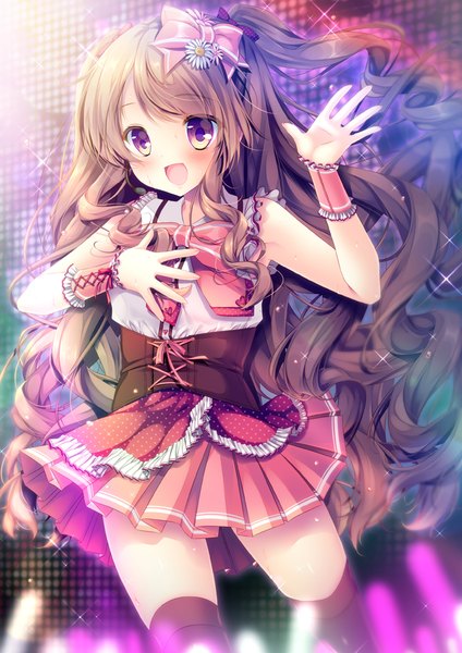 Anime picture 707x1000 with original moe2016 mizuki yuuma single long hair tall image looking at viewer blush open mouth brown hair yellow eyes one side up girl thighhighs dress bow black thighhighs hair bow idol