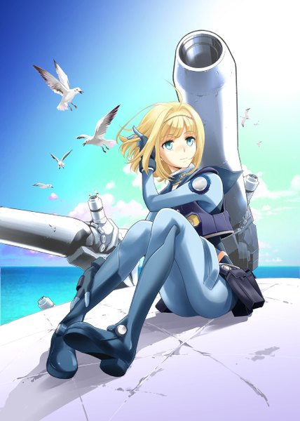 Anime picture 900x1260 with heavy object j.c. staff milinda brantini saitou sakae single tall image fringe short hair blue eyes blonde hair smile sitting looking away sky cloud (clouds) ass outdoors light smile wind official art