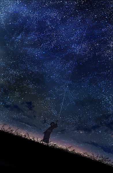 イラスト 1700x2600 と 蟲師 ヤツデ 長身像 highres 短い髪 和服 night night sky landscape 女の子 植物 着物 星 草 糸