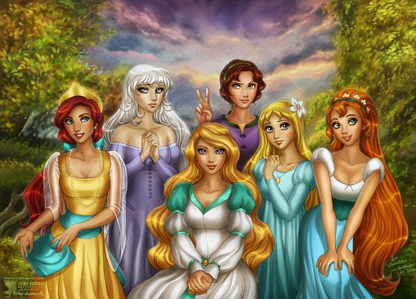 Anime picture 1052x759 with the little mermaid the last unicorn thumbelina anastasia (disney) the swan princess quest for camelot disney thumbelina (chacarter) lady amalthea anastasia (character) odette (the swan princess) kayley (quest for camelot) marina (the little mermaid) daekazu (artist) long hair blush short hair blue eyes blonde hair smile