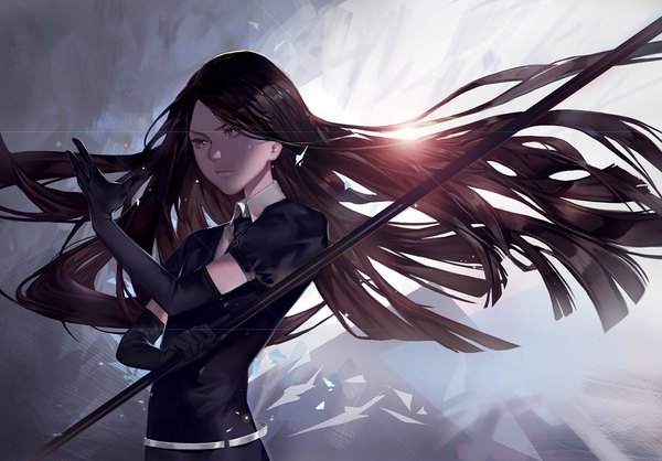 Anime picture 1100x767 with houseki no kuni bort van (artist) single long hair black hair looking away upper body wind grey eyes puffy sleeves fighting stance serious androgynous gloves weapon black gloves elbow gloves