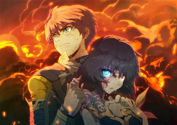 Anime picture 1024x724 with original tent (pabell) short hair black hair bare shoulders green eyes sweat couple hug tears heterochromia glowing smoke sweatdrop glowing eye (eyes) witch hug from behind girl boy fire