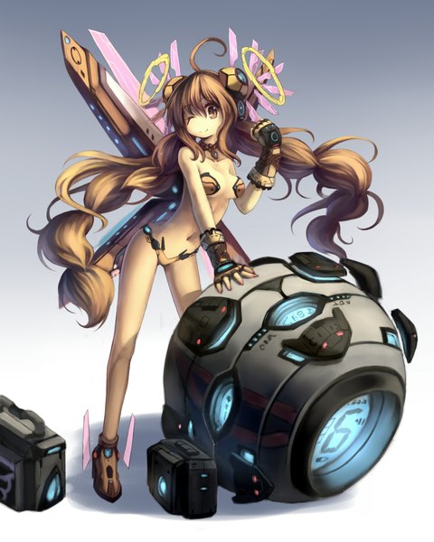 Anime picture 1600x2000 with original hoshi no gen single tall image light erotic smile brown hair twintails brown eyes very long hair one eye closed wink mechanical girl navel