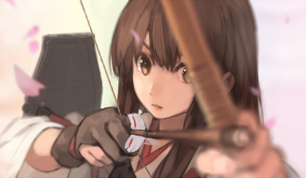 Anime picture 1200x699 with kantai collection akagi aircraft carrier xiao qiang (overseas) single long hair looking at viewer brown hair wide image brown eyes traditional clothes japanese clothes depth of field girl gloves weapon petals fingerless gloves bow (weapon) hand arrow (arrows)