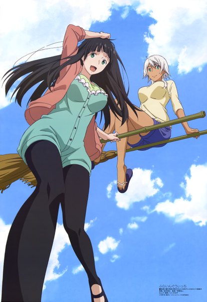 Anime picture 4088x5937 with flying witch j.c. staff kowata makoto kowata akane sakamoto tetsuya long hair tall image looking at viewer highres short hair open mouth blue eyes black hair sitting multiple girls absurdres sky cloud (clouds) white hair flying