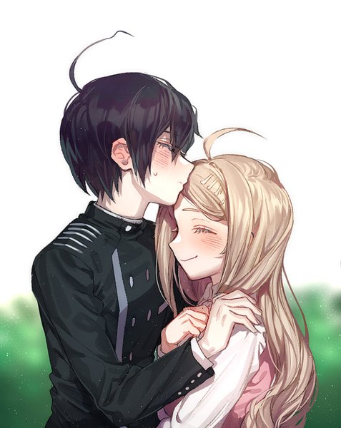 Anime picture 666x838 with dangan ronpa new danganronpa v3 saihara shuuichi akamatsu kaede zuizi long hair tall image blush short hair black hair blonde hair smile upper body ahoge eyes closed embarrassed couple kiss hand on another's shoulder forehead kiss