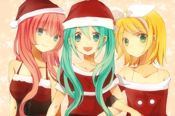 Anime picture 2104x1396 with vocaloid hatsune miku megurine luka kagamine rin long hair looking at viewer highres blue eyes blonde hair smile bare shoulders multiple girls green eyes blue hair pink hair fur trim christmas girl dress hair ornament