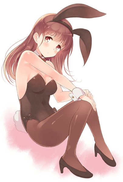 Anime picture 650x962 with kantai collection ooi light cruiser komi zumiko single long hair tall image looking at viewer blush fringe breasts simple background red eyes brown hair sitting animal ears tail parted lips head tilt animal tail :o