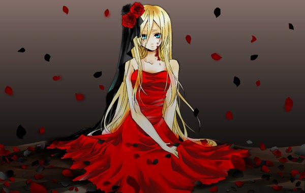 Anime picture 2338x1479 with vocaloid lily (vocaloid) single long hair fringe highres simple background blonde hair sitting bare shoulders hair flower aqua eyes girl dress hair ornament flower (flowers) petals rose (roses) blood red dress