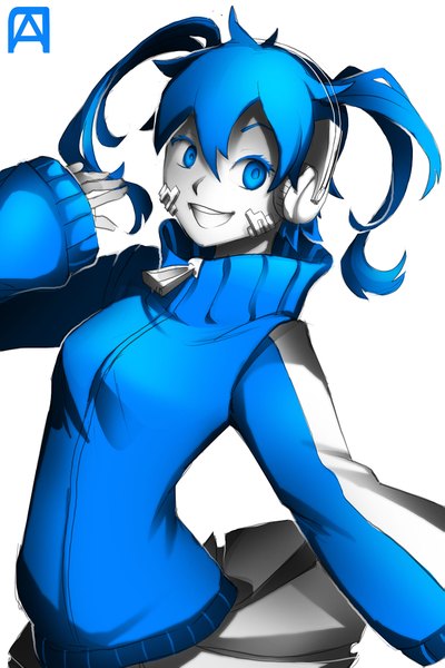 Anime picture 1463x2195 with kagerou project shaft (studio) ene (kagerou project) pechan (artist) single tall image short hair breasts open mouth blue eyes simple background smile white background twintails blue hair :d pleated skirt monochrome girl skirt
