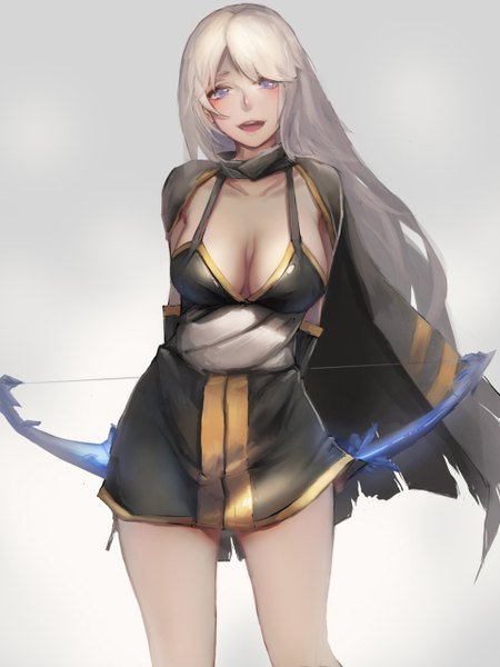 Anime picture 960x1280 with league of legends ashe (league of legends) pandea work single long hair tall image looking at viewer blush breasts open mouth light erotic simple background smile large breasts standing purple eyes grey hair grey background happy girl