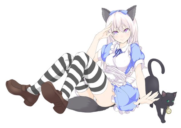 Anime picture 2893x2046 with strike witches eila ilmatar juutilainen ashuku long hair highres light erotic simple background white background purple eyes animal ears white hair animal tail pantyshot pantyshot sitting girl thighhighs dress bow hair bow cat