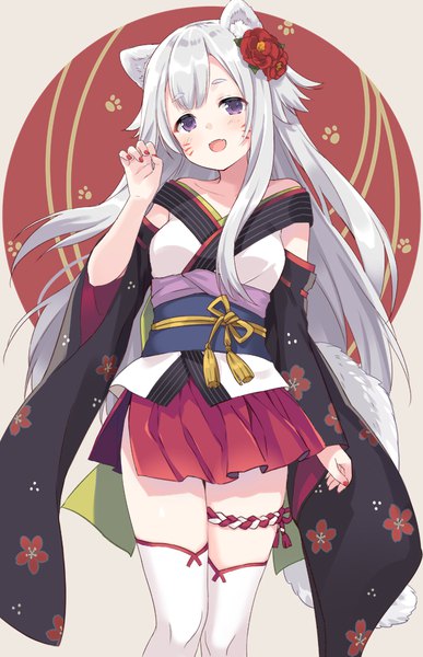 Anime picture 600x929 with original kurasawa moko single long hair tall image looking at viewer fringe standing purple eyes animal ears silver hair tail nail polish traditional clothes head tilt japanese clothes animal tail hair flower wide sleeves fang (fangs)