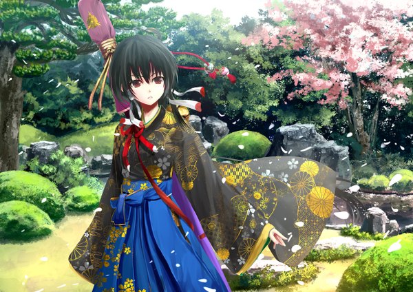 Anime picture 1230x870 with original kouji (astral reverie) single short hair black hair brown eyes traditional clothes japanese clothes wind cherry blossoms river girl plant (plants) petals tree (trees) bell