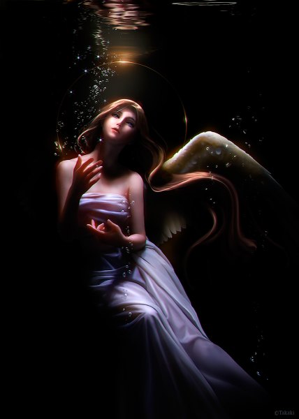 Anime picture 857x1200 with original takashi mare single long hair tall image blue eyes blonde hair bare shoulders signed looking away sleeveless dark background underwater angel wings angel girl dress wings water halo