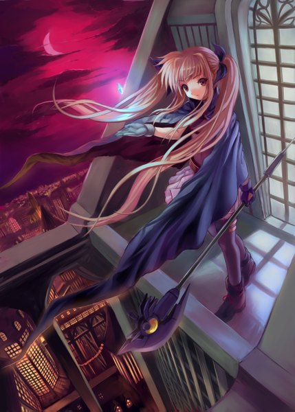 Anime picture 1000x1399 with mahou shoujo lyrical nanoha fate testarossa bardiche kichiroku single long hair tall image blonde hair red eyes twintails cloud (clouds) girl dress gloves weapon crystal