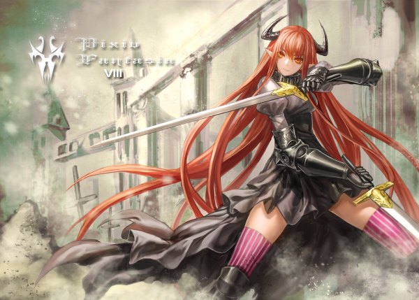 Anime picture 1200x858 with original pixiv fantasia pixiv fantasia fallen kings infukun single long hair looking at viewer red eyes holding red hair horn (horns) pointy ears dual wielding dust logo girl thighhighs dress weapon sword