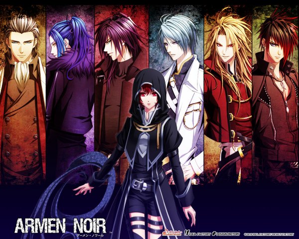 Anime picture 1280x1024 with armen noir nazca rain (armen noir) knives (armen noir) sword (character) elle (armen noir) crimson (character) zechs (character) long hair looking at viewer fringe short hair blonde hair smile red eyes brown hair standing purple eyes brown eyes blue hair