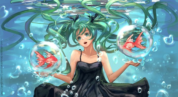 Anime picture 1000x547 with vocaloid shinkai shoujo (vocaloid) hatsune miku yun-afezeria (artist) single long hair fringe breasts open mouth wide image green eyes looking away green hair wavy hair underwater girl dress ribbon (ribbons) hair ribbon water