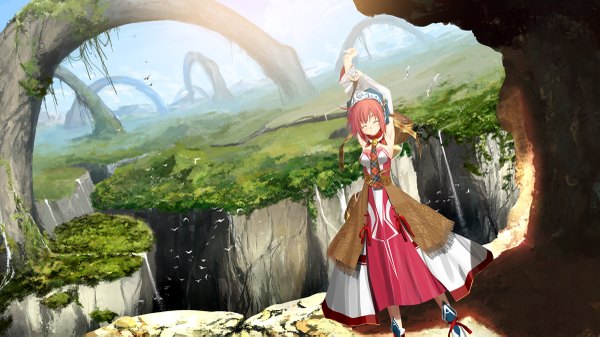 Anime picture 1200x675 with original kouji (astral reverie) wide image red hair eyes closed landscape nature waterfall stretch canyon animal water bird (birds)