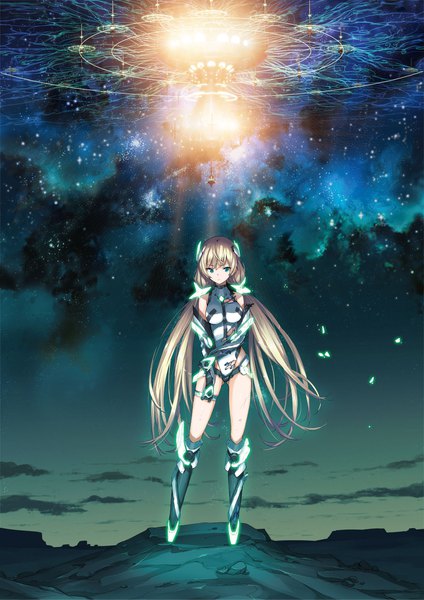 Anime picture 1280x1810 with expelled from paradise angela balzac saitom single tall image looking at viewer fringe breasts light erotic blonde hair large breasts standing twintails full body outdoors very long hair night official art night sky floating hair